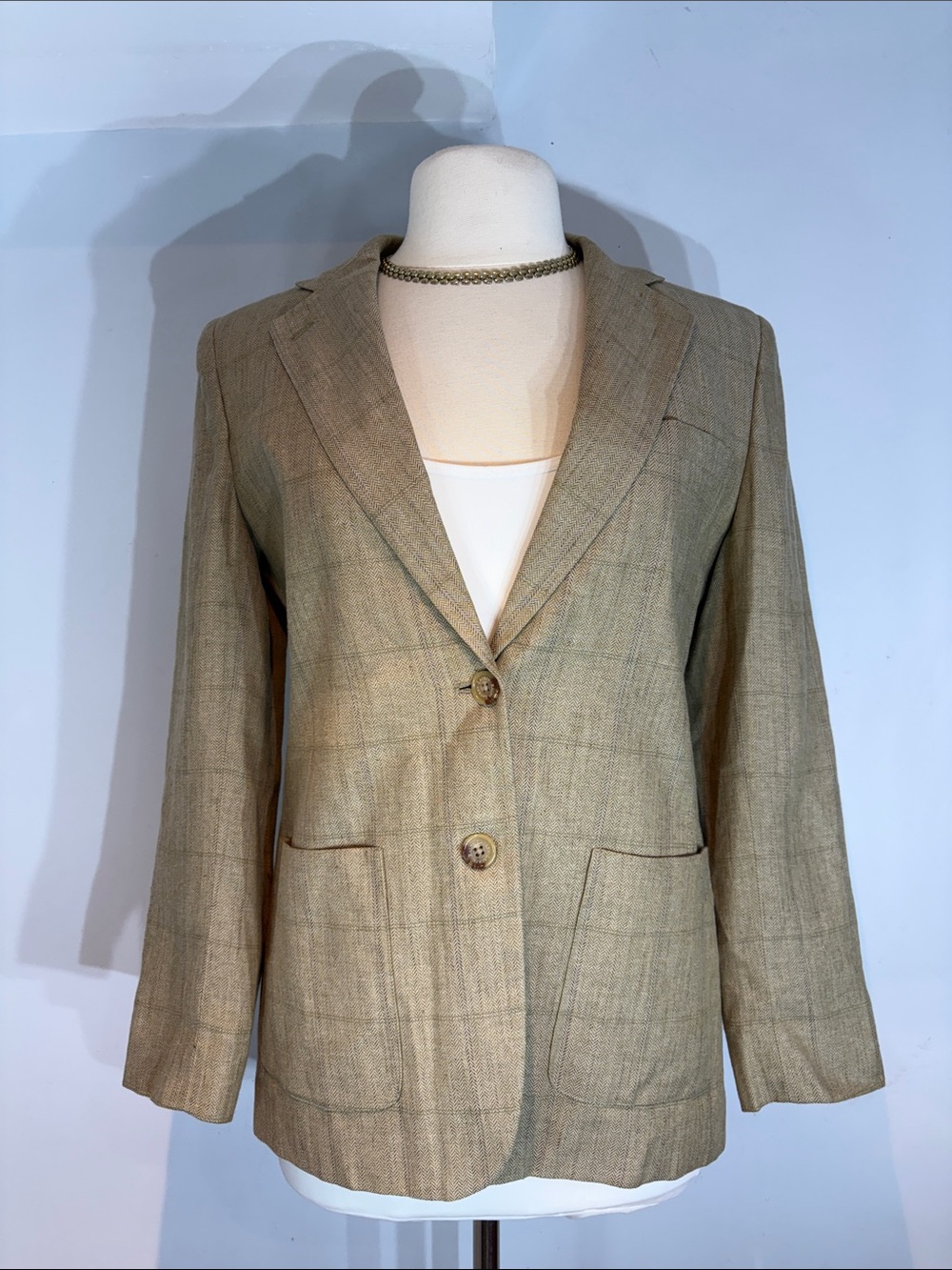 Lauren Ralph Lauren Herringbone Linen Rayon Blazer Tailored Jacket Tan Size 8 - Picture 9 of 16